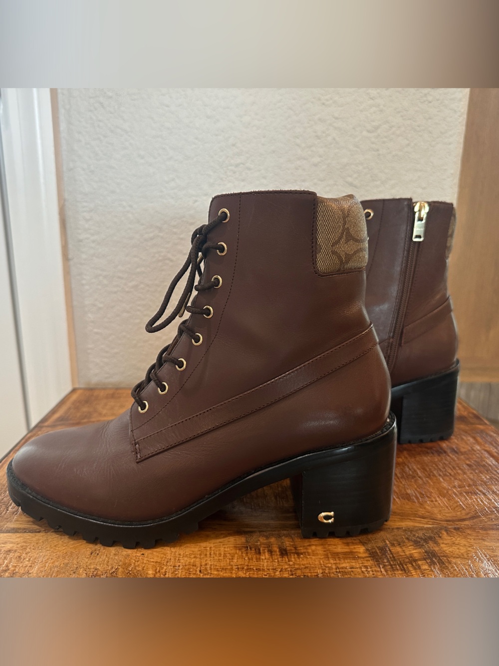 Coach Brown Leather Platform Booties with Signature Monogram Cuff SZ 9B